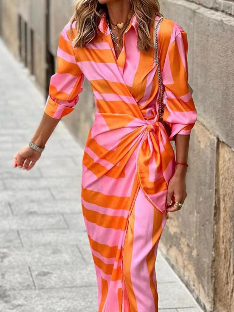 Hazel - Casual Striped Midi Shirt Dress