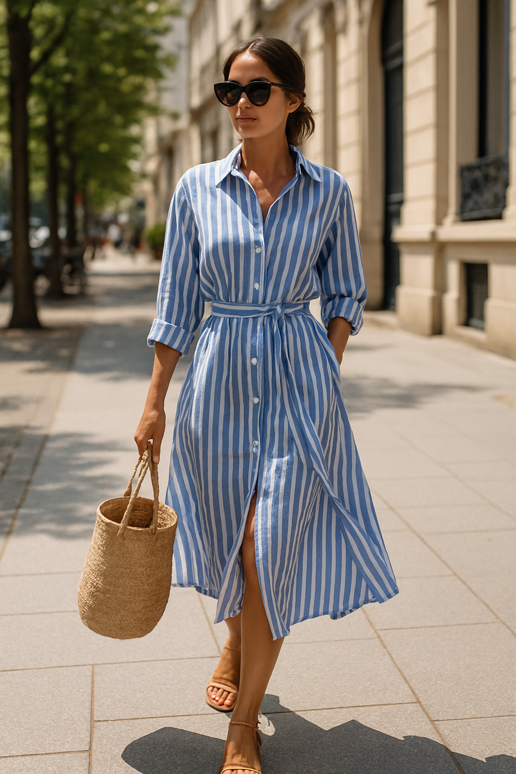 Cairn - Stylish Striped Slit Shirt Dress