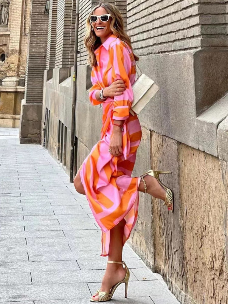 Hazel - Casual Striped Midi Shirt Dress