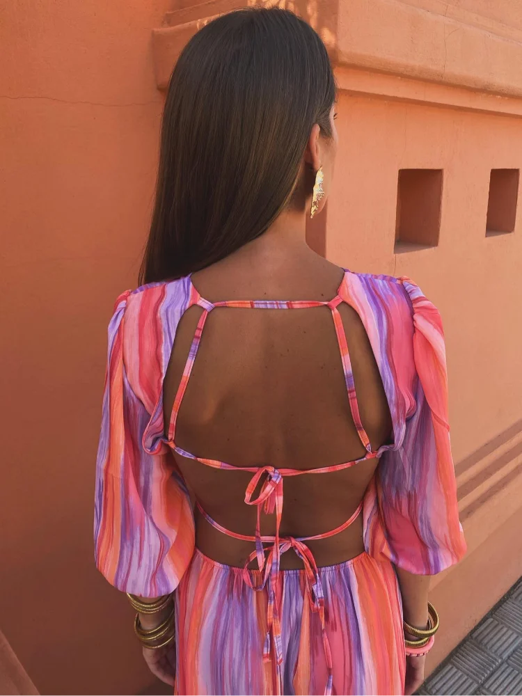 Beatrin - Breezy Striped Lantern Sleeve Dress